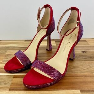 Jessica Simpson Red Rhinestone‎ Heels Ankle Strap Party Shoes Size 7.5